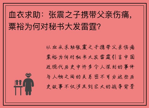 血衣求助：张震之子携带父亲伤痛，粟裕为何对秘书大发雷霆？