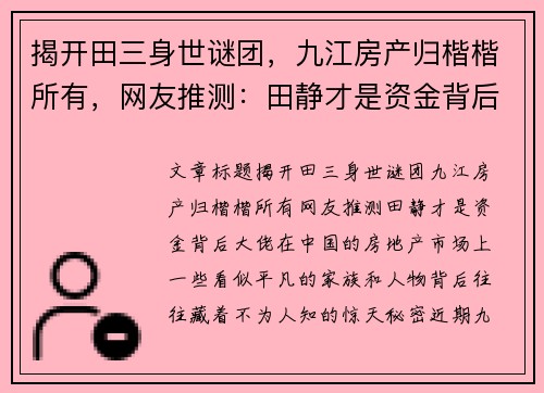 揭开田三身世谜团，九江房产归楷楷所有，网友推测：田静才是资金背后大佬