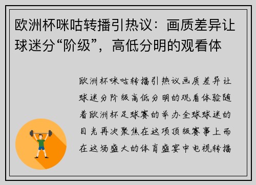 欧洲杯咪咕转播引热议：画质差异让球迷分“阶级”，高低分明的观看体验