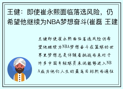 王健：即使崔永熙面临落选风险，仍希望他继续为NBA梦想奋斗(崔磊 王建林)