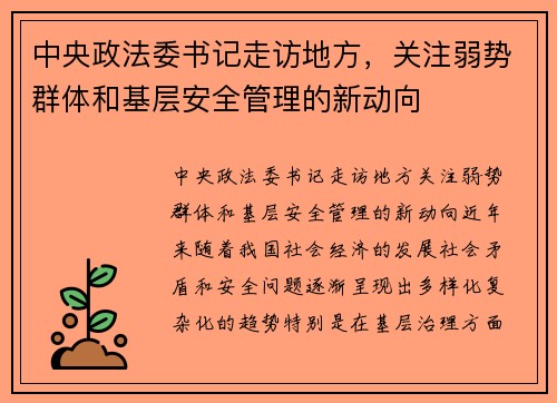 中央政法委书记走访地方，关注弱势群体和基层安全管理的新动向