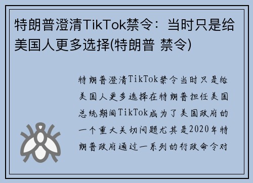 特朗普澄清TikTok禁令：当时只是给美国人更多选择(特朗普 禁令)